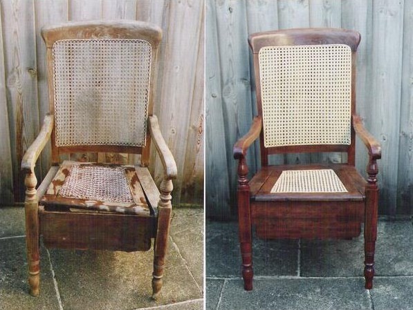 A
picture of the Commode Chair before and after Sue worked on it.