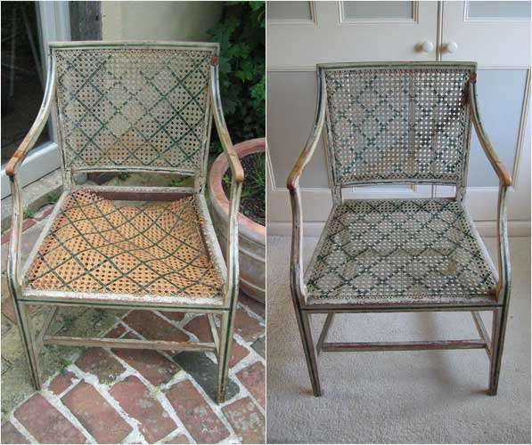 beautiful
old French chair before and after it's reseating work