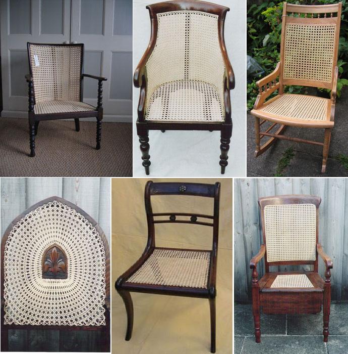 An amalgamated picture showing six caned chairs that Sue has worked on including a rocking chair, a dining room chair, several arm chairs and an old commode.