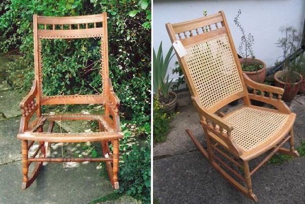 A picture of the rocking chair before and after Sue
worked on it.